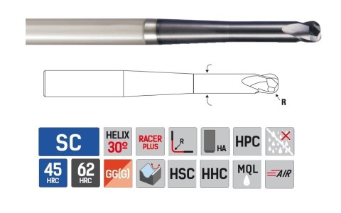 2-břité kuželové frézy do 62HRc rádiusové
