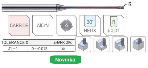 4-břité frézy s kuželovým krkem do 55HRc rádiusové