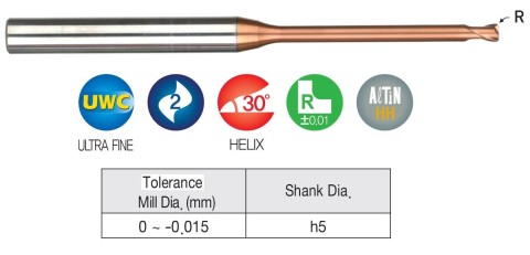 Rádiusové 2-břité mikrofrézy 65HRc ZPĚTNÝ KUŽEL NA OKRAJI