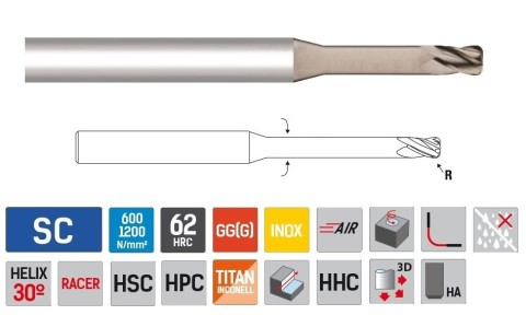 Rádiusové 4 břité frézy 62 HRc, různé délky krků