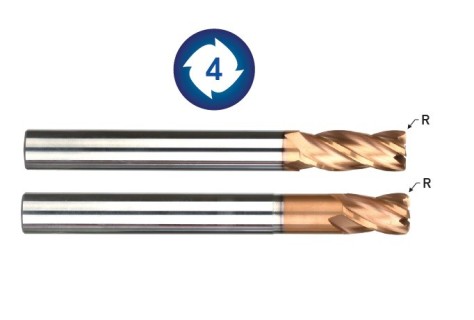 Rádiusové 4 břité frézy 70 HRc dlouhá stopka