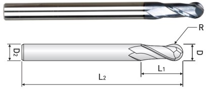 DB312100S 2-BŘITÉ KULOVÉ FRÉZY DLOUHÉ DO 55 HRC