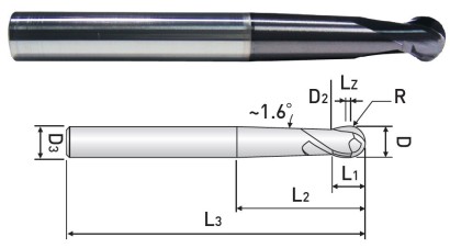 DB532051 2-BŘITÉ MMC FRÉZY SFÉRICKÝ TYP HRC65
