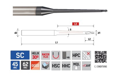 8262270250 2-břité kulové frézy kuželový krk do 62 HRc - 30°