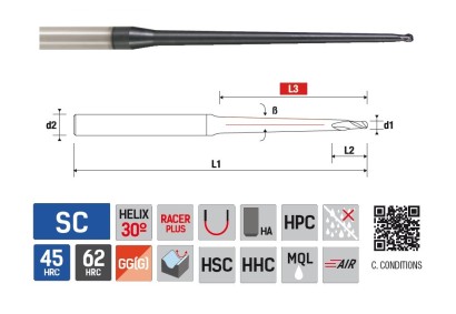 8262290400 2-břité kulové frézy kuželový krk do 62 HRc - 30°