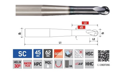 8262280202 2-břité kulové frézy kuželový krk do 62 HRc - 30°