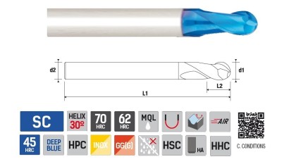 9262200051 2-břité kulové frézy do 70HRc 30° dlouhé 9262200051 2-břité kulové frézy do 70HRc 30° dlouhé