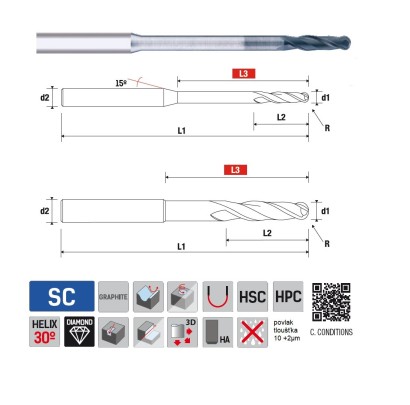9688220118 2-břité kulové frézy DIAMANTOVÉ - 30°
