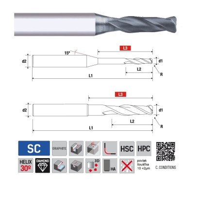 9688140167 2-břité rádiusové frézy DIAMANTOVÉ - 30°