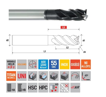 9114801000 4-břité frézy rohové sražení do 55 HRC HPC 9114801000 4-břité frézy rohové sražení do 55 HRC HPC