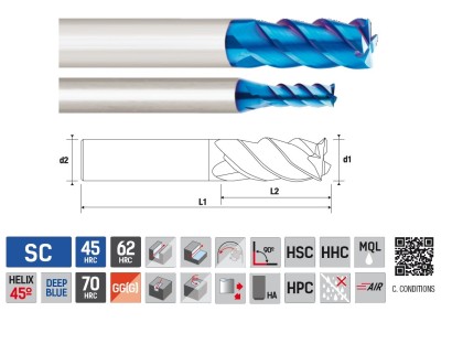 9264031000 4-břité frézy na ocel do 70 HRC 45°