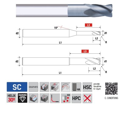 9684150238 4-břité rádiusové frézy DIAMANTOVÉ - 30°