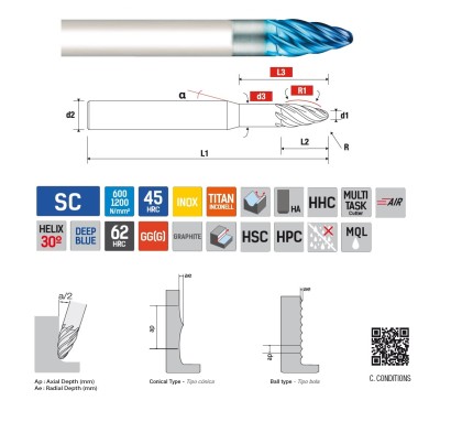 9275340601 6-břité kulové kuželové frézy - 30°
