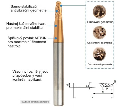 PGMS-3BT020-R2.0 KUŽELOVÉ 3-BŘITÉ KULOVÉ FRÉZY