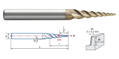 9453-3,8 Kulová kuželová 3-břitá fréza s 1 rádiusem-turbíny