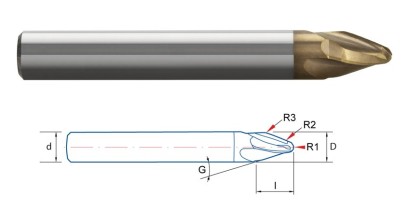 9457-8 Kulová kuželová 3-břitá fréza s 3 rádiusy-turbíny