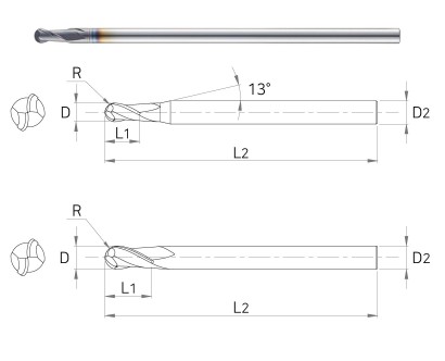 UB5020015P VYSOCE PŘESNÉ 2-BŘITÉ KULOVÉ FRÉZY do 55HRC