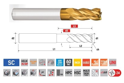 4-BŘITÉ HPC FRÉZY 35°/38° s rohovým sražením na nerez, ocel, litinu, titan v sadě průměr 6,8,10,12
