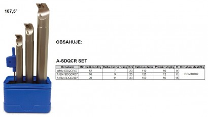 A-SDQCR set Soustružnické nože Vnitřní Pravé 107,5°