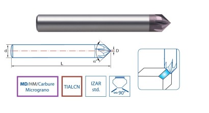 9451-4 - Srážecí 4-6 břitá tvrdokovová fréza - 90° 9451-4 - Srážecí 4-6 břitá tvrdokovová fréza - 90°