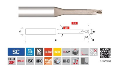 9068110121 2-BŘITÉ rádiusové frézy do 62HRc dlouhý krk 30°