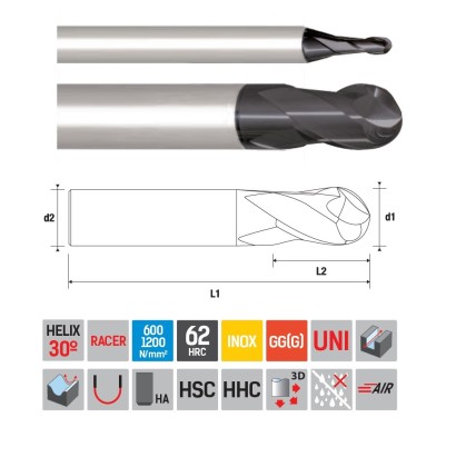 7062211000 Univerzální 2-BŘITÉ kulové frézy do 62HRc - 30° 7062211000 Univerzální 2-BŘITÉ kulové frézy do 62HRc - 30°