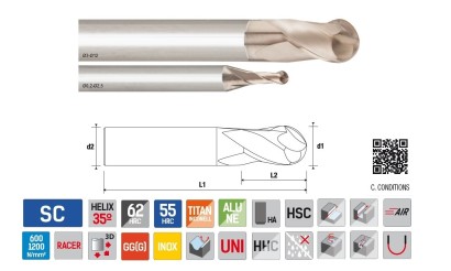 9062211000 Univerzální 2-BŘITÉ kulové frézy do 62HRc - 35° 9062211000 Univerzální 2-BŘITÉ kulové frézy do 62HRc - 35°