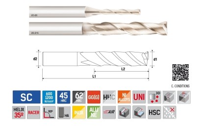 9062040300 Univerzální 2-BŘITÉ rovné frézy do 65HRc 35°