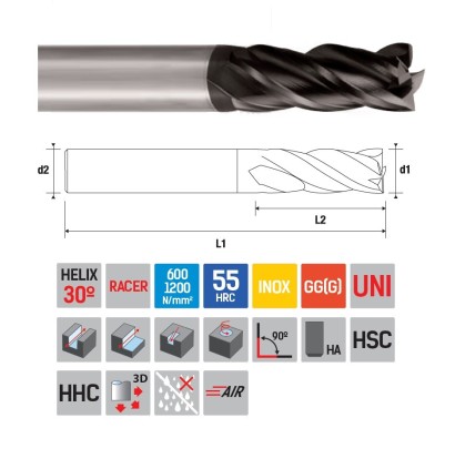 7064021000 Univerzální 4-BŘITÉ frézy do 55HRc - 30°