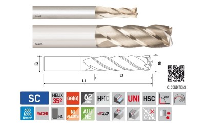 9064020600 Univerzální 4-BŘITÉ kulové frézy do 62HRc - 35°