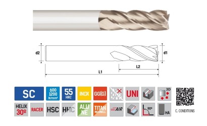 9067040300 Univerzální 4-BŘITÉ rovné frézy do 55HRc - 30°