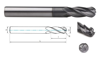 9407-6 UNI dlouhé kulové 4-břité frézy na ocel, litinu, měď