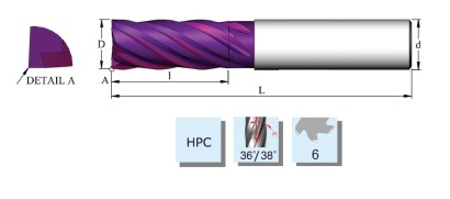 EM1010F30CR3 Výkonné 6-břité frézy-HPC 36/38° do 48 HRc
