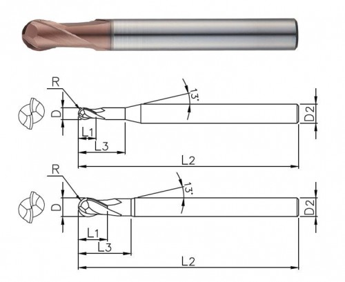 2-BŘITÉ KULOVÉ FRÉZY do 70HRC - 30°