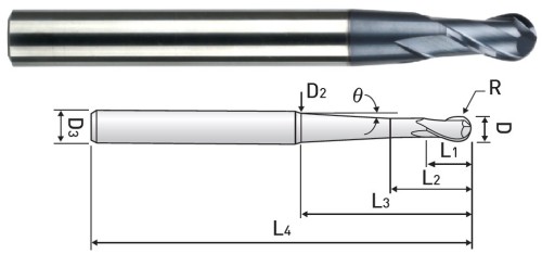 2-břité KULOVÉ FRÉZY S KUŽELOVÝM KRKEM DO 55 HRC