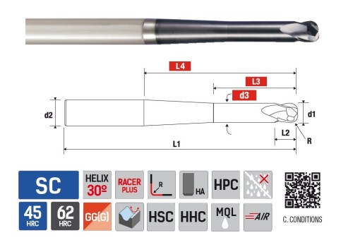 2-břité rádiusové frézy s kuželovým krkem do 62 HRc - 30°