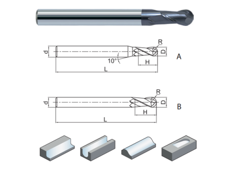 2-břité univerzální kulové frézy do 55HRc - 30°, DLOUHÉ