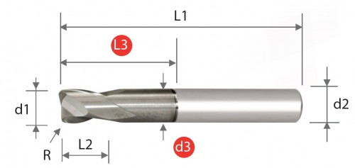 2-BŘITÉ RÁDIUSOVÉ FRÉZY pro obrábění hliníku, mědi a neželezných materiálů 45°