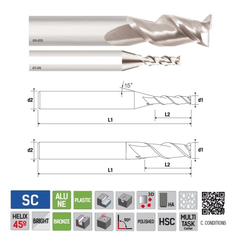 2-BŘITÉ frézy na hliník a plasty - 45°