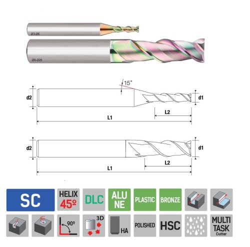 2-BŘITÉ frézy na hliník a plasty - 45°