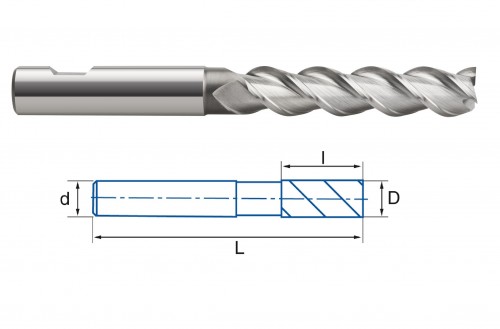 3-břité dlouhé frézy HSSE 8% Co - rovné 45° na hliník
