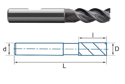 3-břité frézy HSSE 8% Co + TIALSIN - rovné 45° na hliník
