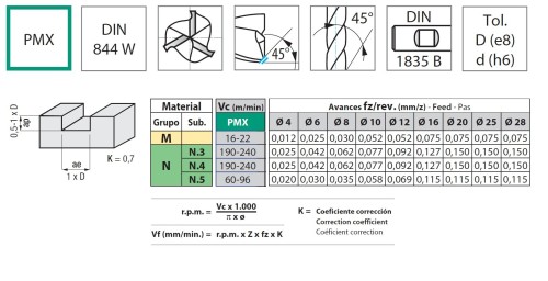 3-břité frézy PMX - rovné 45° na hliník