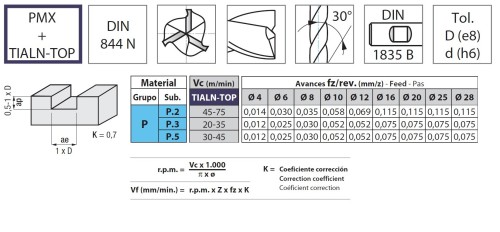 3-břité frézy PMX+TIALN-TOP - rovné 30°