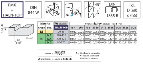 3-břité frézy PMX+TIALN-TOP - rovné 45° na hliník