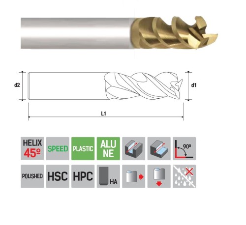 3-BŘITÉ frézy na hliník a plasty, HPC obrábění - 45°