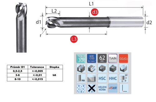 4-BŘITÉ RÁDIUSOVÉ FRÉZY DLOUHÉ 65 HRC - 30°S ODLEHČENÍM-DLOUHÉ