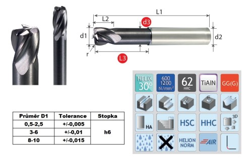 4-BŘITÉ RÁDIUSOVÉ FRÉZY DLOUHÉ 65 HRC - 30°S ODLEHČENÍM