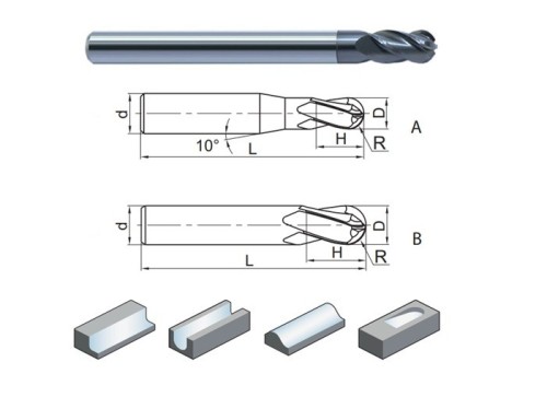4-břité prodloužené univerzální kulové frézy do 55HRc - 30°