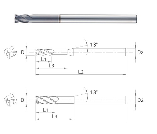 4-BŘITÉ FRÉZY s dlouhým krkem do 55 HRC